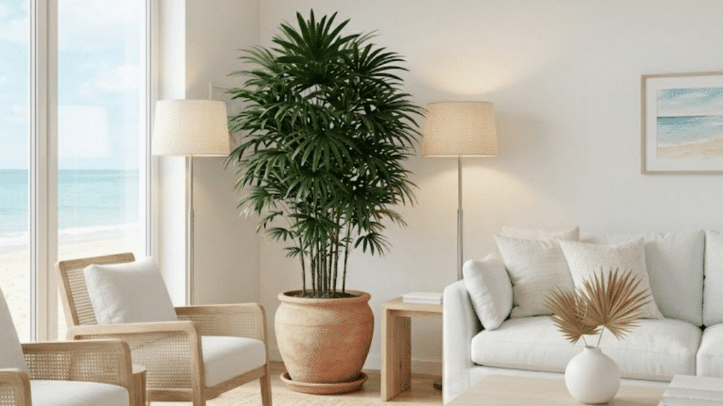 bright coastal living room with white sofa wooden chairs indoor plant floor lamps and large window showing beach view