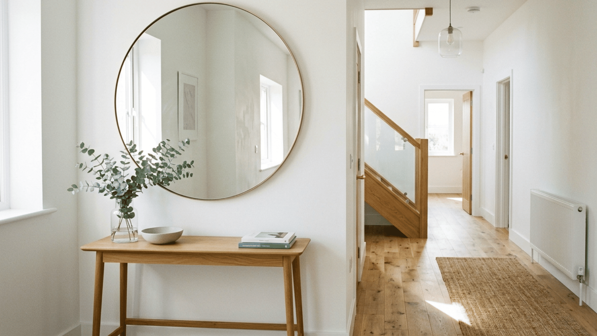 Bright hallway with large mirror reflecting light, making space feel bigger and more open