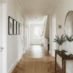 Bright hallway with wooden herringbone floor, round mirror, console table, wall art, and soft neutral decor