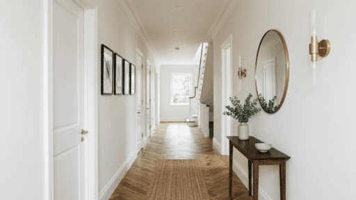 Bright hallway with wooden herringbone floor, round mirror, console table, wall art, and soft neutral decor