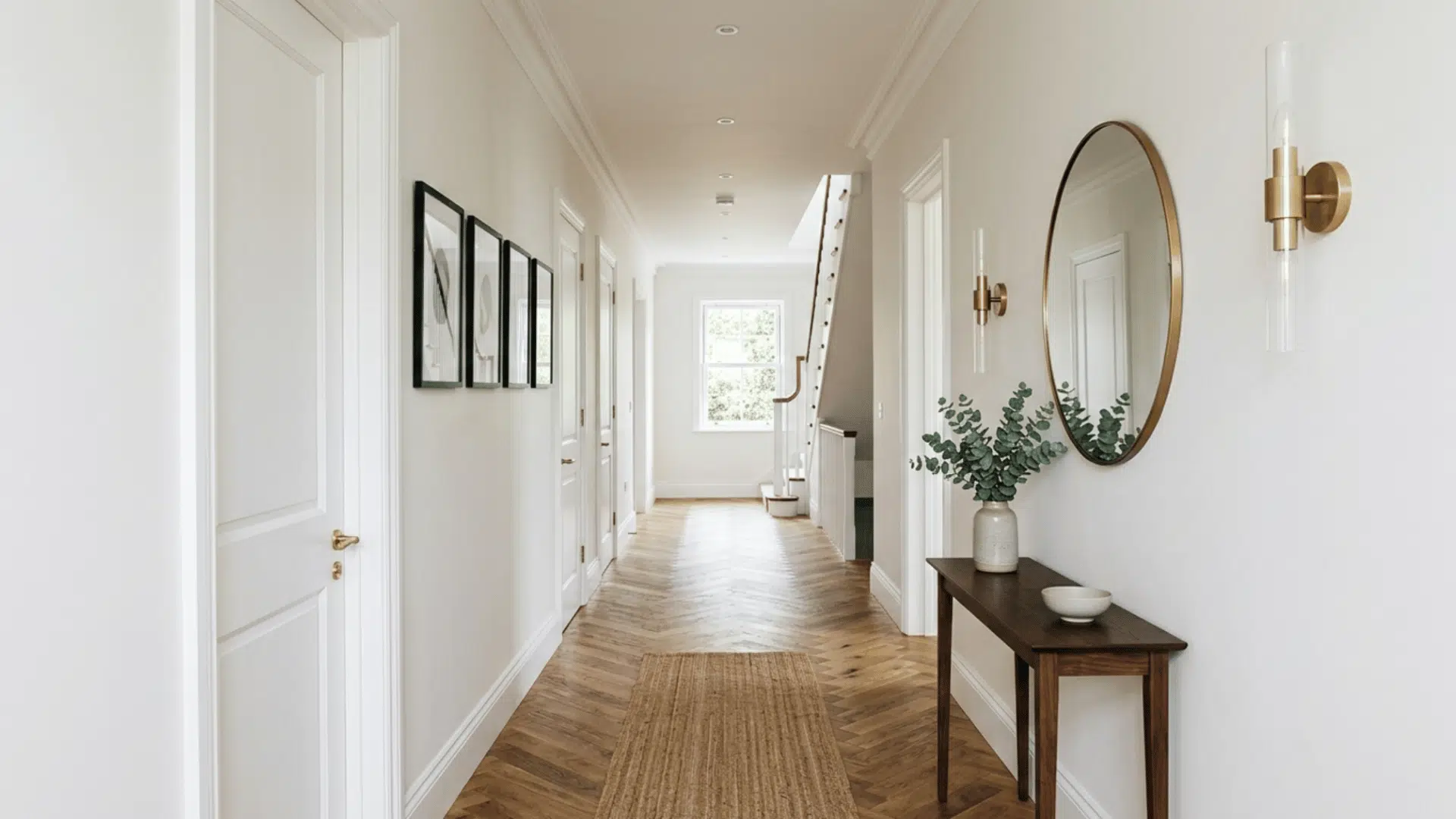 Bright hallway with wooden herringbone floor, round mirror, console table, wall art, and soft neutral decor
