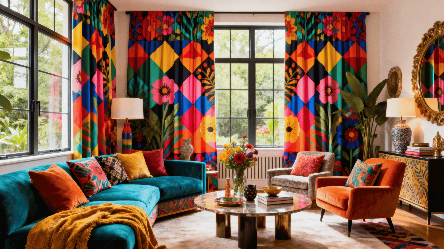 bright interior with colorful patterned curtains, natural light through windows, balanced decor, modern home