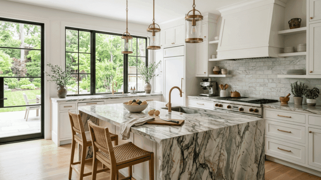 bright kitchen featuring quartzite countertop, natural stone patterns, large windows, and elegant modern design