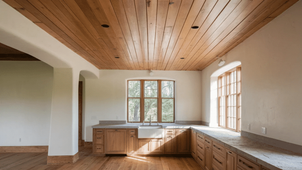 bright kitchen with wood plank ceiling, farmhouse sink, natural wood cabinets, and large windows