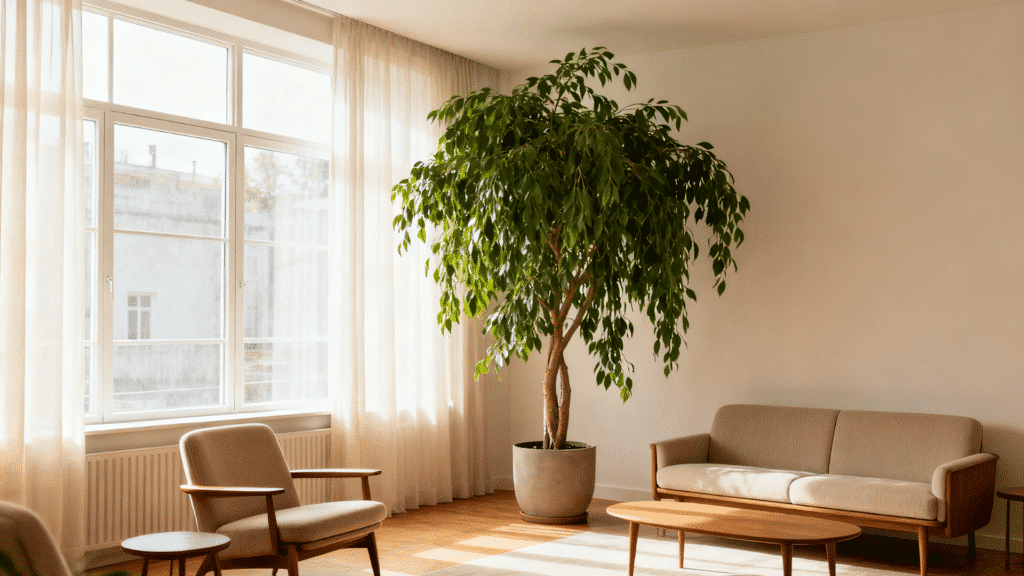 bright living room with large leafy indoor tree near window, soft seating, natural light, and warm minimal decor