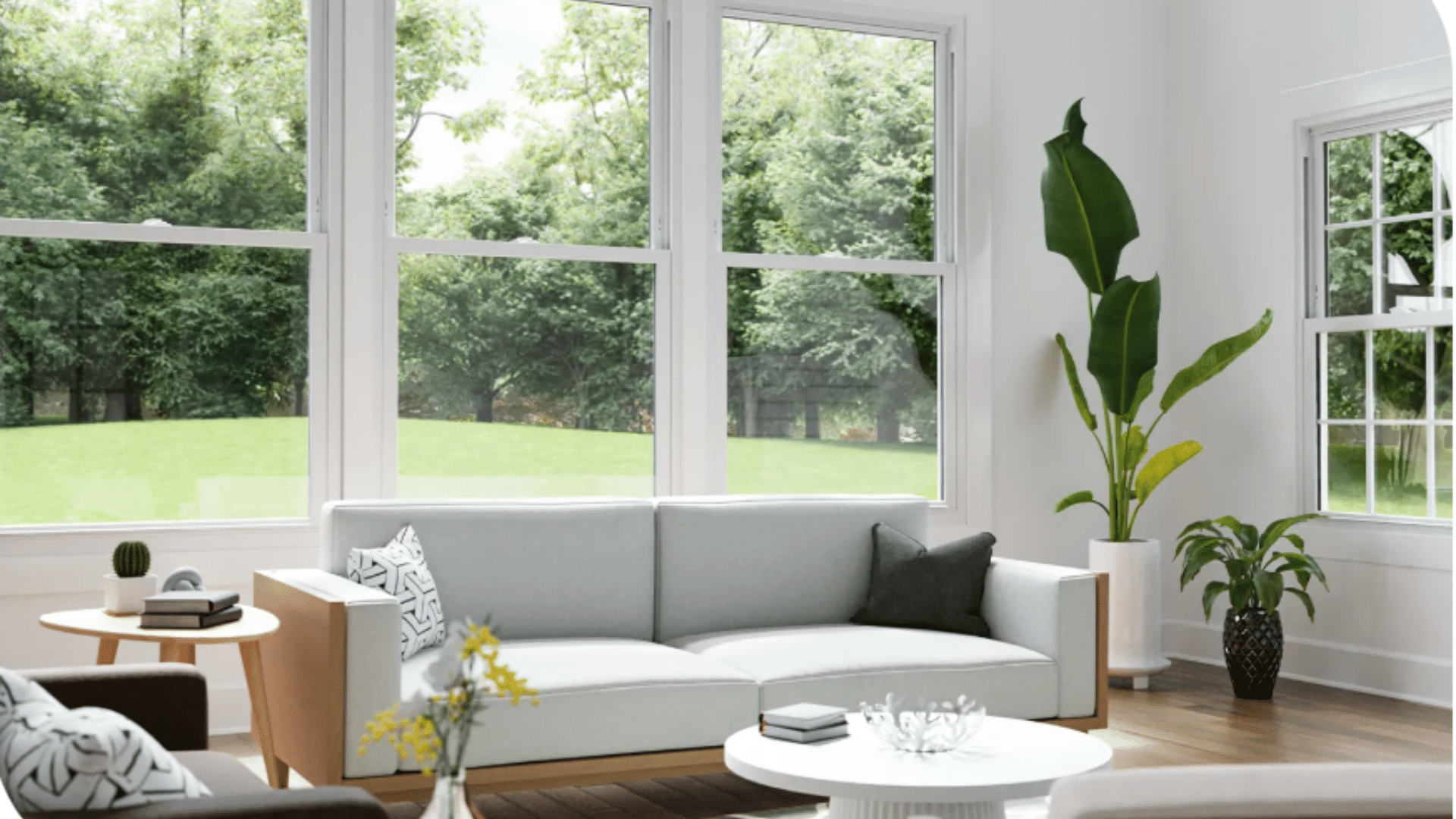 bright living room with large white frame windows, light sofa, indoor plants, coffee table, and green garden view outside