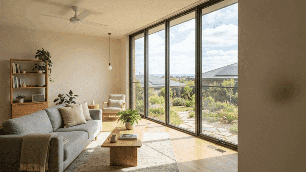 bright living room with large windows, natural light, energy-efficient design, and smart thermostat on wall