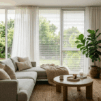 bright living room with sheer curtains and horizontal blinds, cozy sofa, wooden furniture, indoor plant, and natural light from large windows