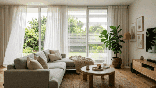 bright living room with sheer curtains and horizontal blinds, cozy sofa, wooden furniture, indoor plant, and natural light from large windows
