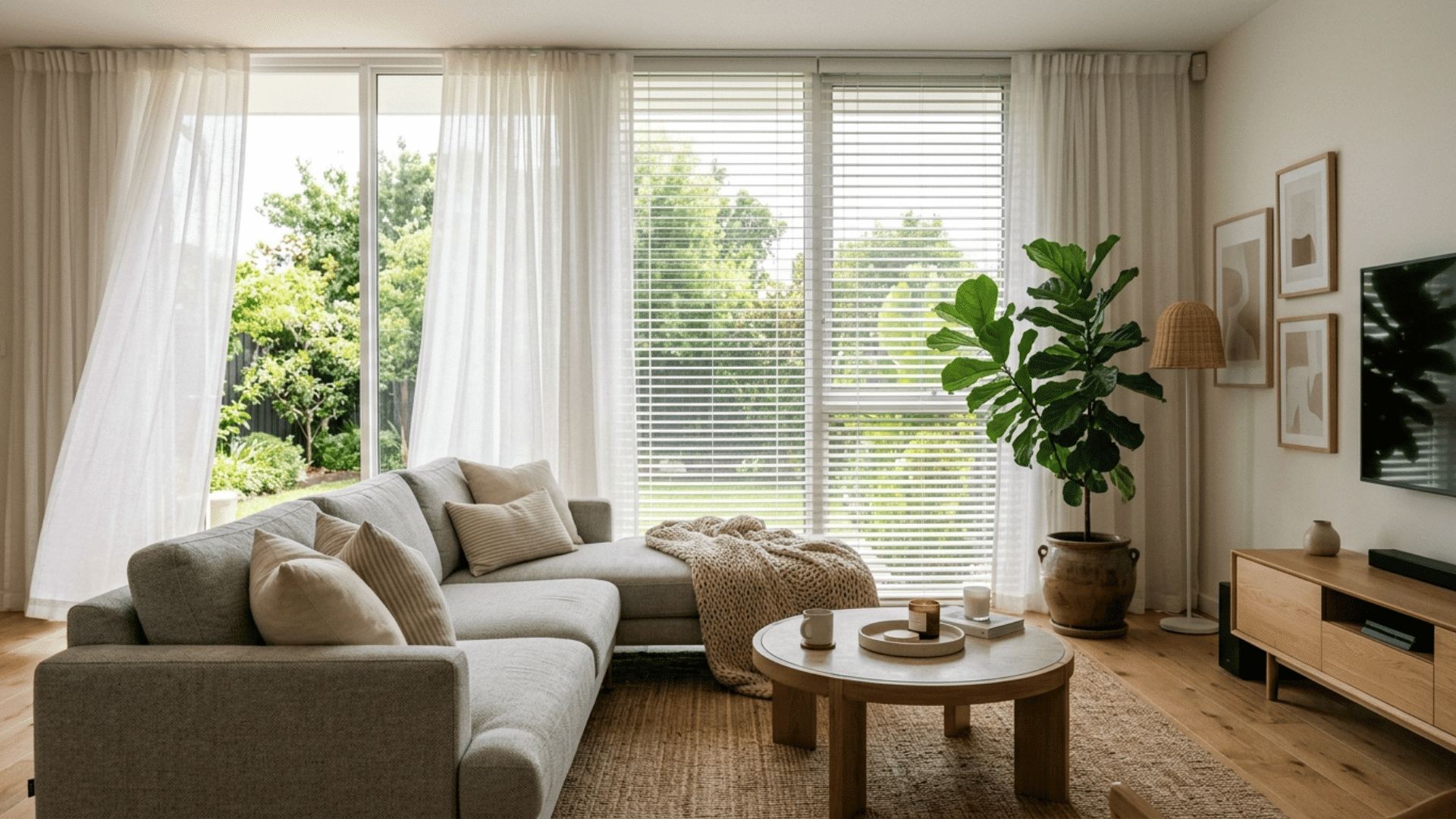 bright living room with sheer curtains and horizontal blinds, cozy sofa, wooden furniture, indoor plant, and natural light from large windows