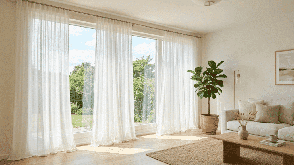 bright living room with sheer white curtains, large windows, natural light, minimal decor, and soft neutral tones