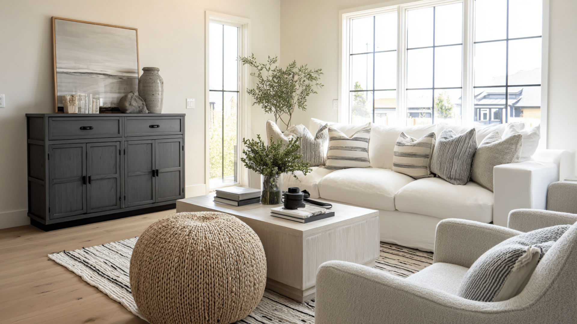 bright living room with white sofa black cabinet large windows neutral decor pillows textured rug and natural light filling space