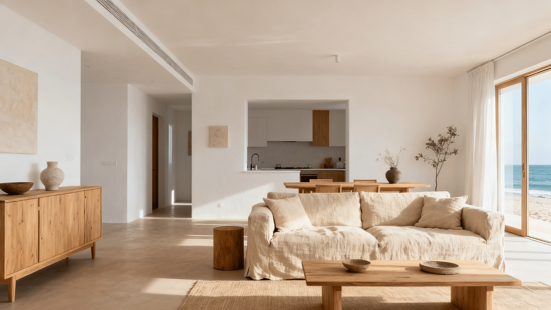 bright minimalist living room with beige sofa wooden furniture open kitchen and ocean view through large glass doors