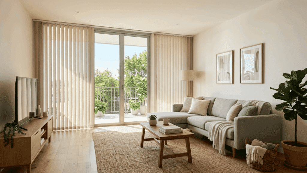 bright minimalist living room with vertical blinds, neutral furniture, wooden accents, and a clean open layout