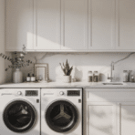 bright modern laundry room with sleek cabinets, countertop sink, and stylish washer and dryer setup