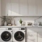 bright modern laundry room with sleek cabinets, countertop sink, and stylish washer and dryer setup