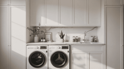 bright modern laundry room with sleek cabinets, countertop sink, and stylish washer and dryer setup