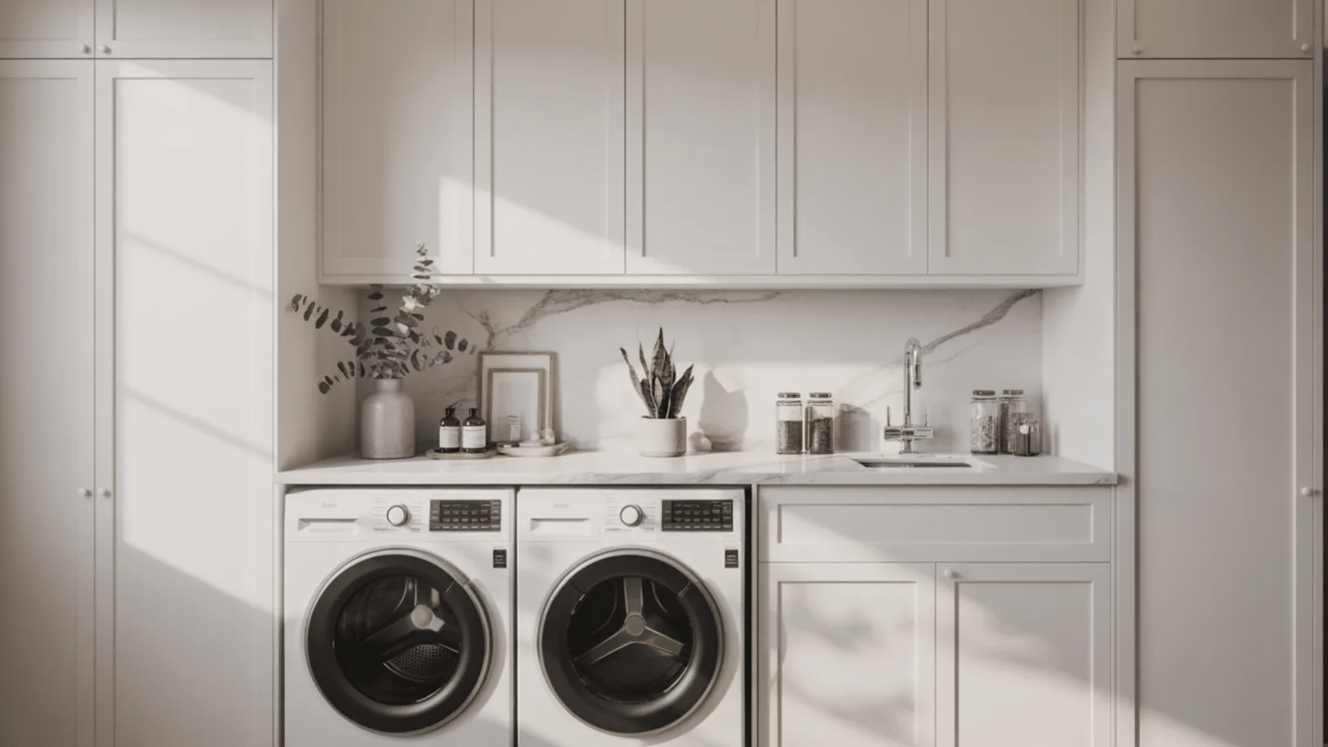 bright modern laundry room with sleek cabinets, countertop sink, and stylish washer and dryer setup
