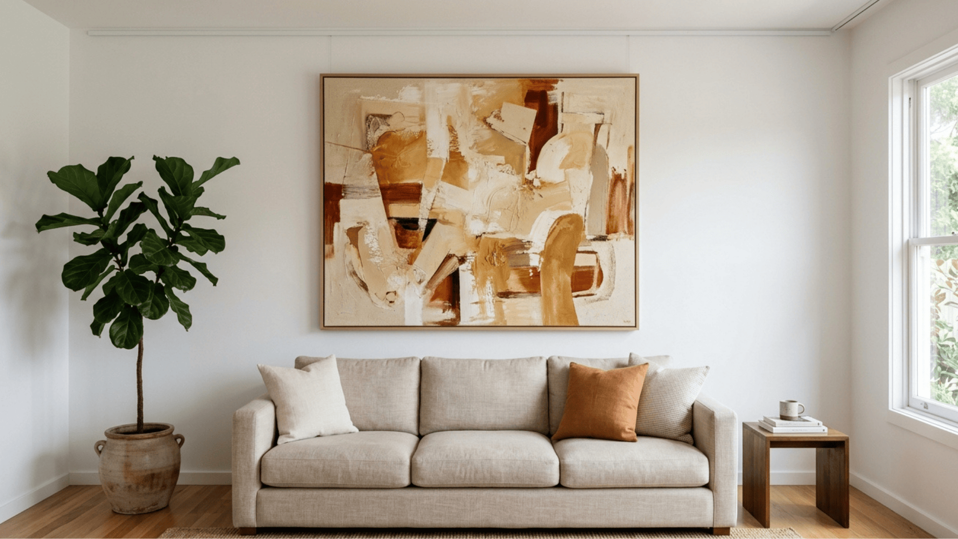 bright modern living room with neutral sofa, abstract wall art, indoor plant, and wooden side table, styled with clean lines and natural textures