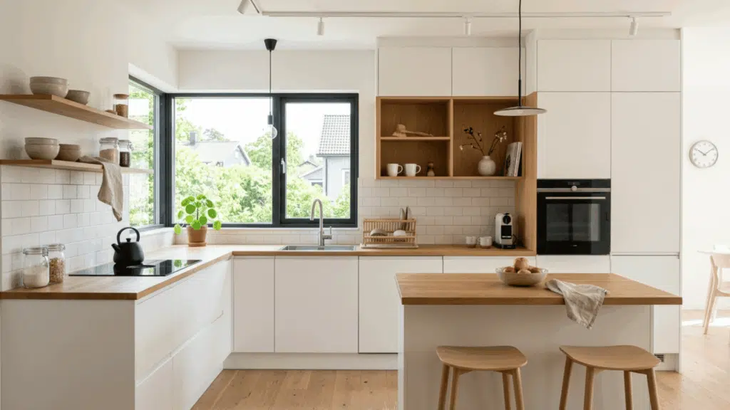 bright modular kitchen with white cabinets, light wood accents, open shelves, natural light and simple decor