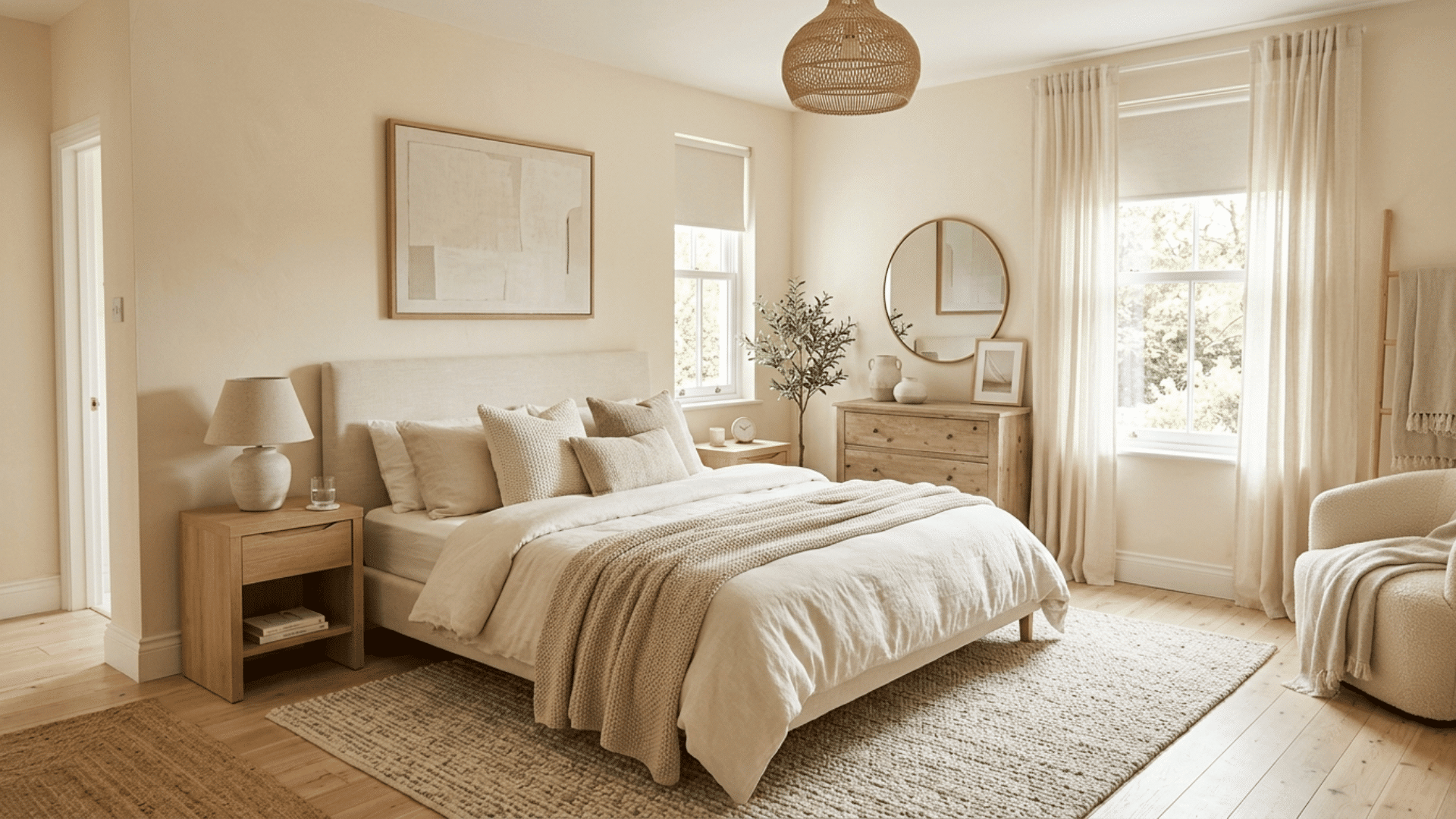 bright neutral bedroom with beige tones, soft textures, light wood furniture, and sunlight filling the airy open space