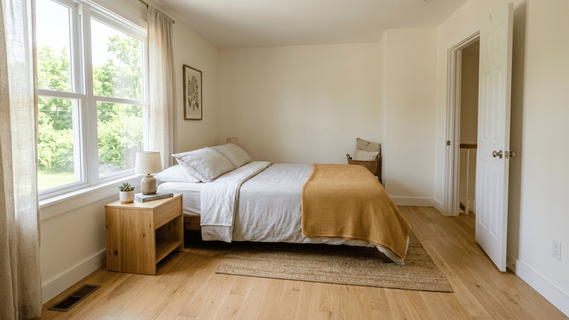 bright small bedroom with clear walking space, minimal furniture, soft neutral tones and natural daylight from window