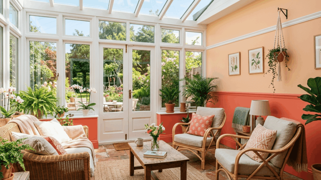 bright sunroom with coral lower wall and peach upper wall styled with white furniture and simple indoor greenery