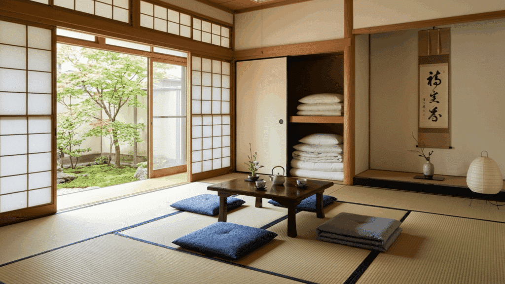 bright tatami room with low seating, shoji screens, storage, and garden view through doors.