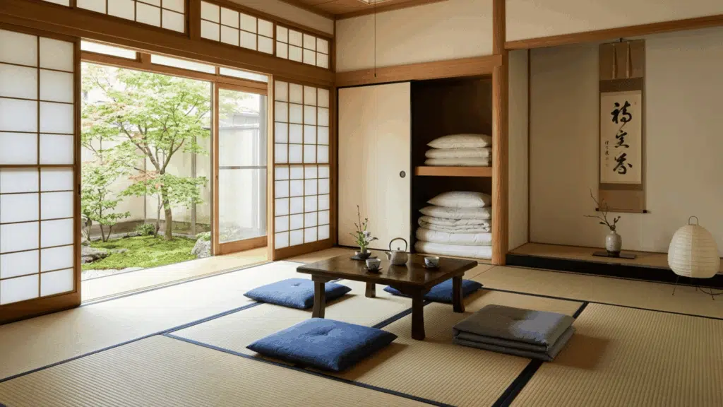 bright tatami room with low seating, shoji screens, storage, and garden view through doors.