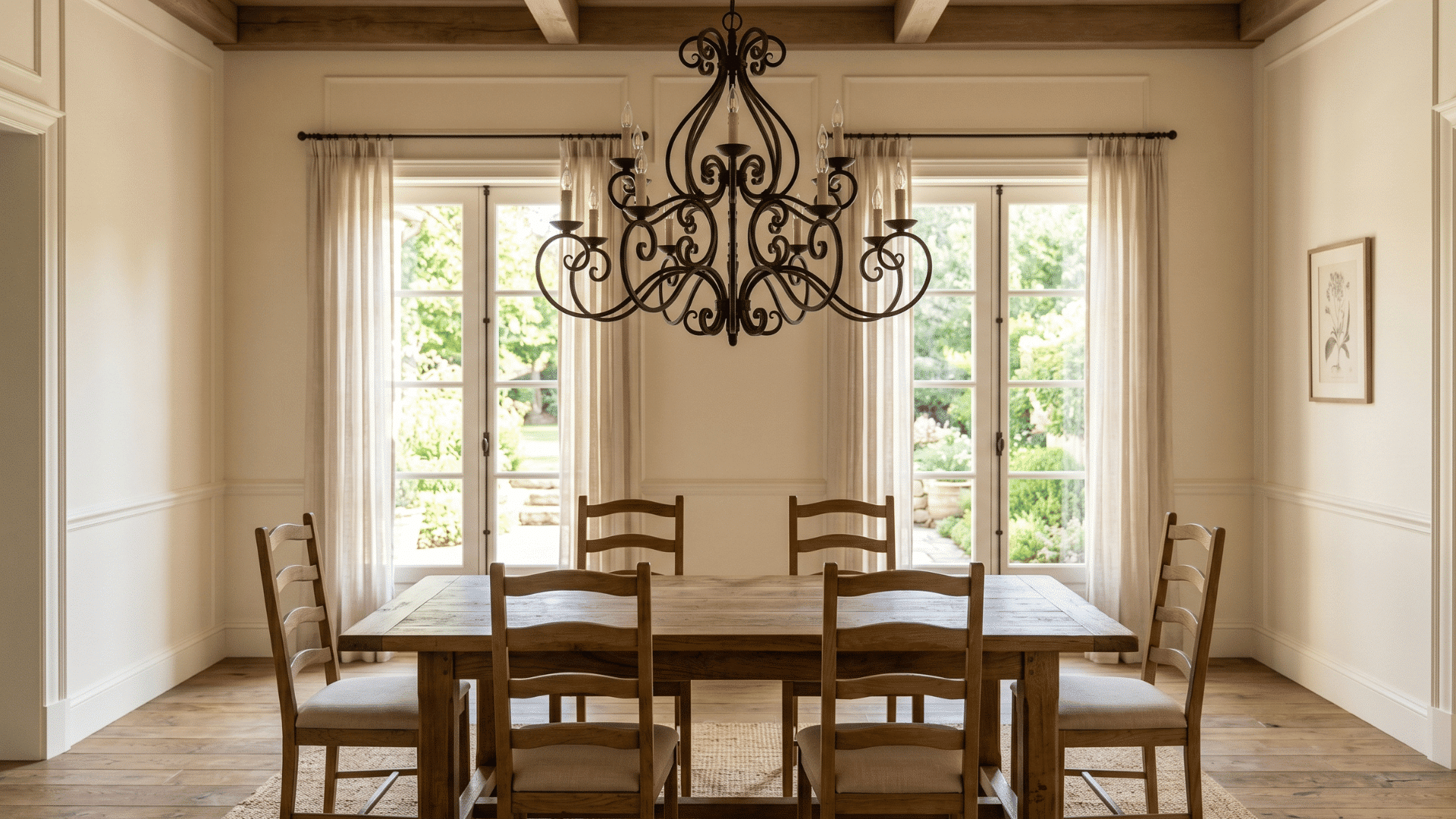 brings character overhead with a simple iron chandelier that defines the dining space