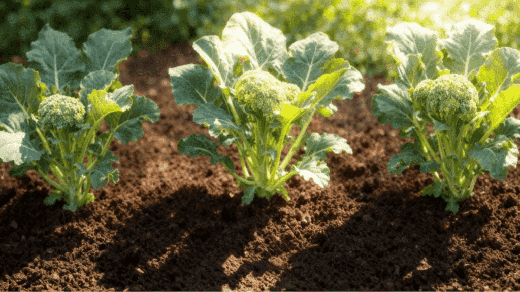 broccoli plants growing in garden soil under sunlight, showcasing fresh green vegetables in an organic farm setting