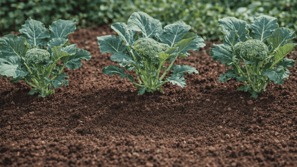 broccoli plants spaced 18 to 24 inches apart in garden soil for healthy growth.