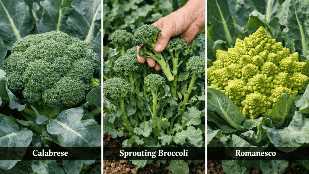 broccoli varieties Calabrese, sprouting broccoli, and Romanesco growing in garden beds.
