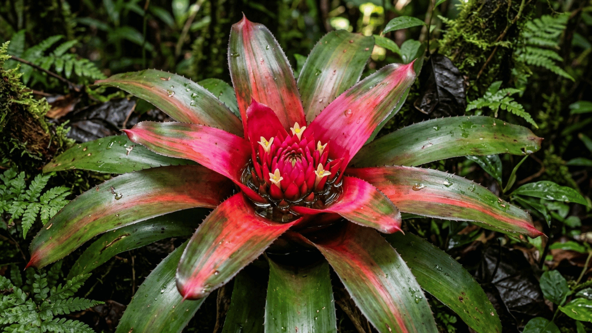 bromeliad plant with colorful center growing on forest floor.