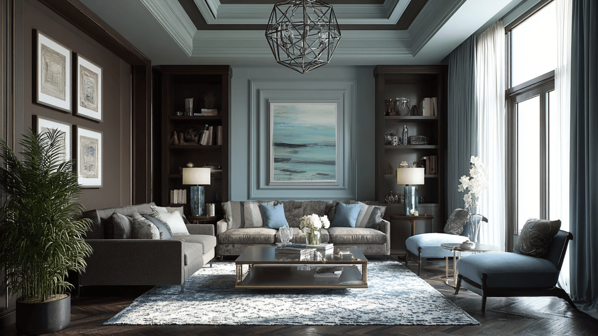 brown and pale blue living room with soft contrast and cozy seating