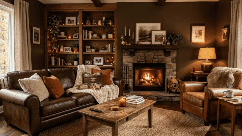 brown layered living room with caramel walls, chocolate sofa, and leather chair