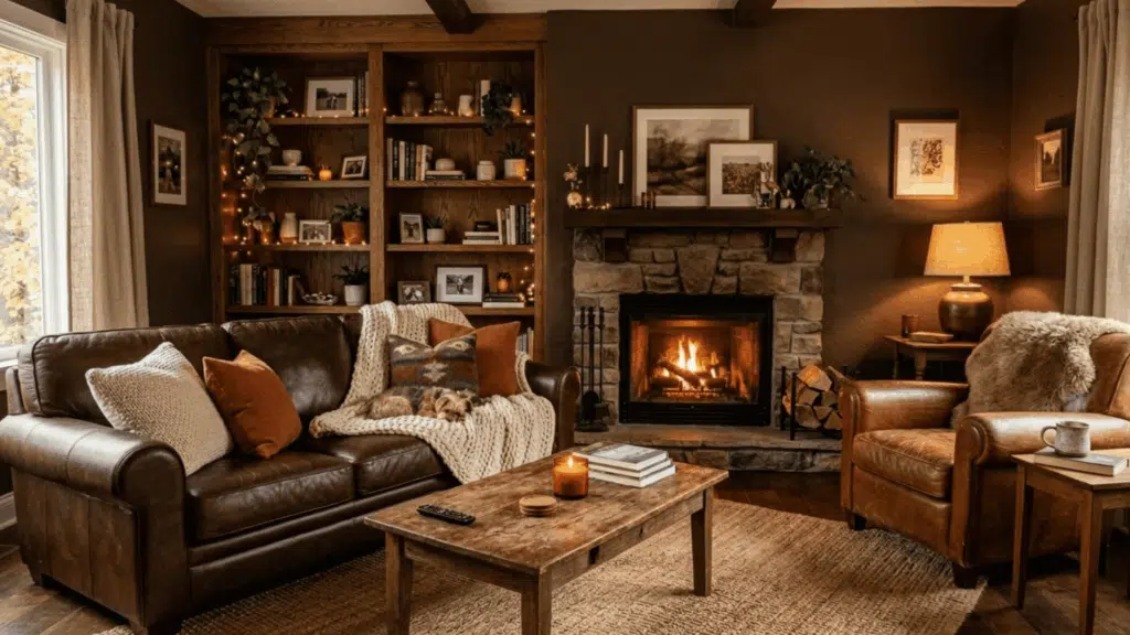 brown layered living room with caramel walls, chocolate sofa, and leather chair