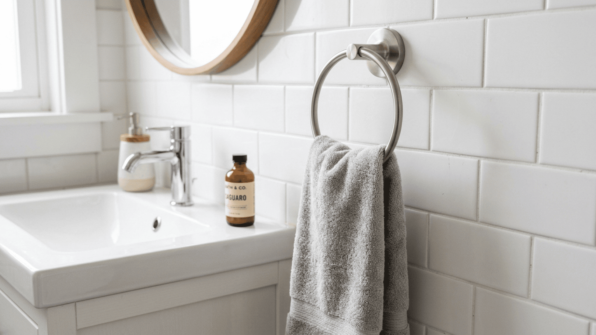 brushed nickel towel ring mounted beside a bathroom sink with a folded hand towel hanging through it