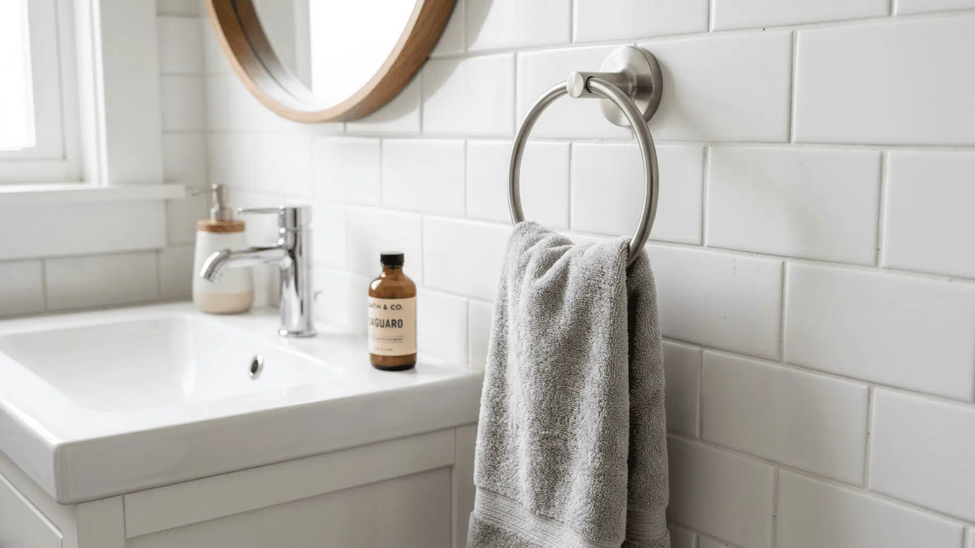 brushed nickel towel ring mounted beside a bathroom sink with a folded hand towel hanging through it