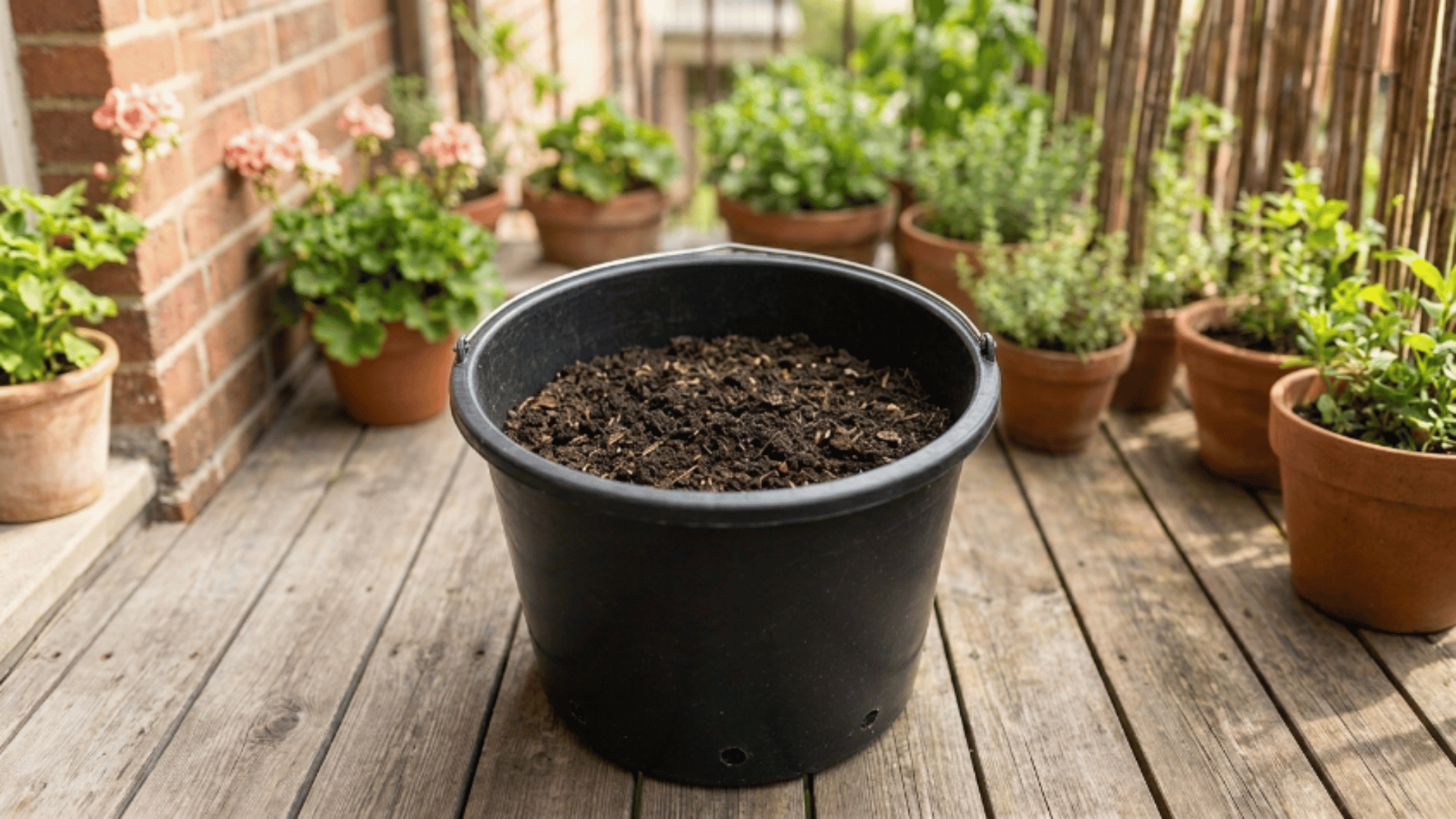 bucket filled with loose soil base layer on wooden table in sunny balcony