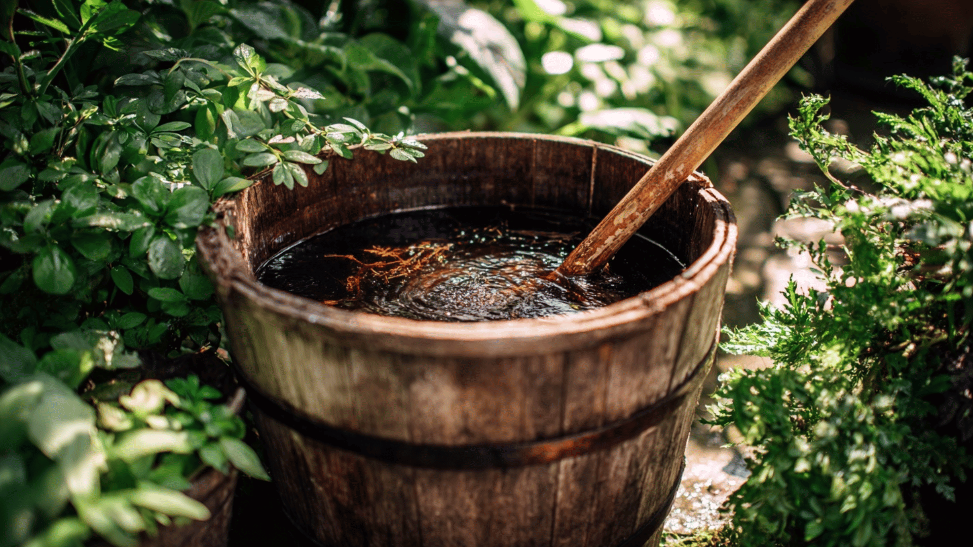 bucket of compost tea being stirred outdoors surrounded by green garden plants in sunlight