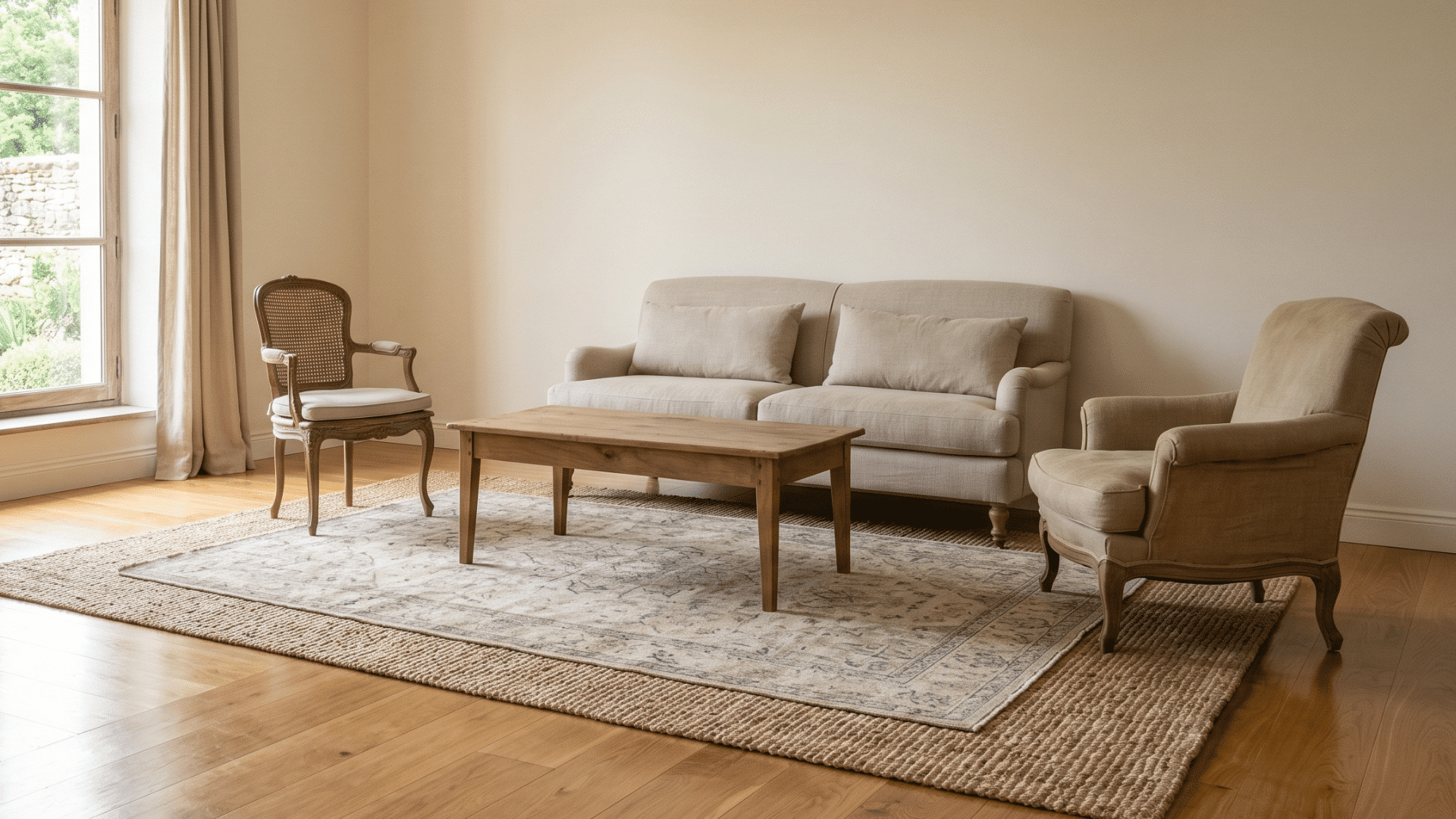 builds warmth underfoot using two simple rugs layered for subtle depth