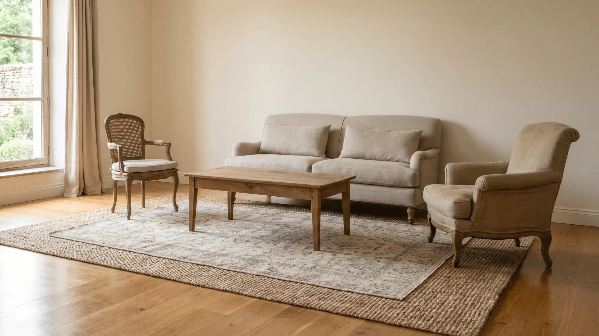 builds warmth underfoot using two simple rugs layered for subtle depth
