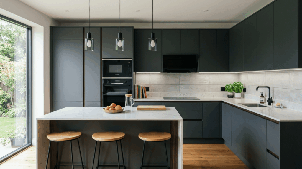 built-in appliances in a modular kitchen creating a clean seamless look with free counter space