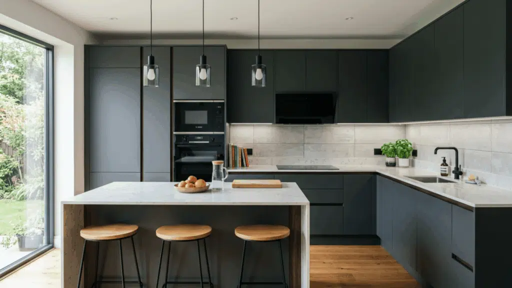 built-in appliances in a modular kitchen creating a clean seamless look with free counter space