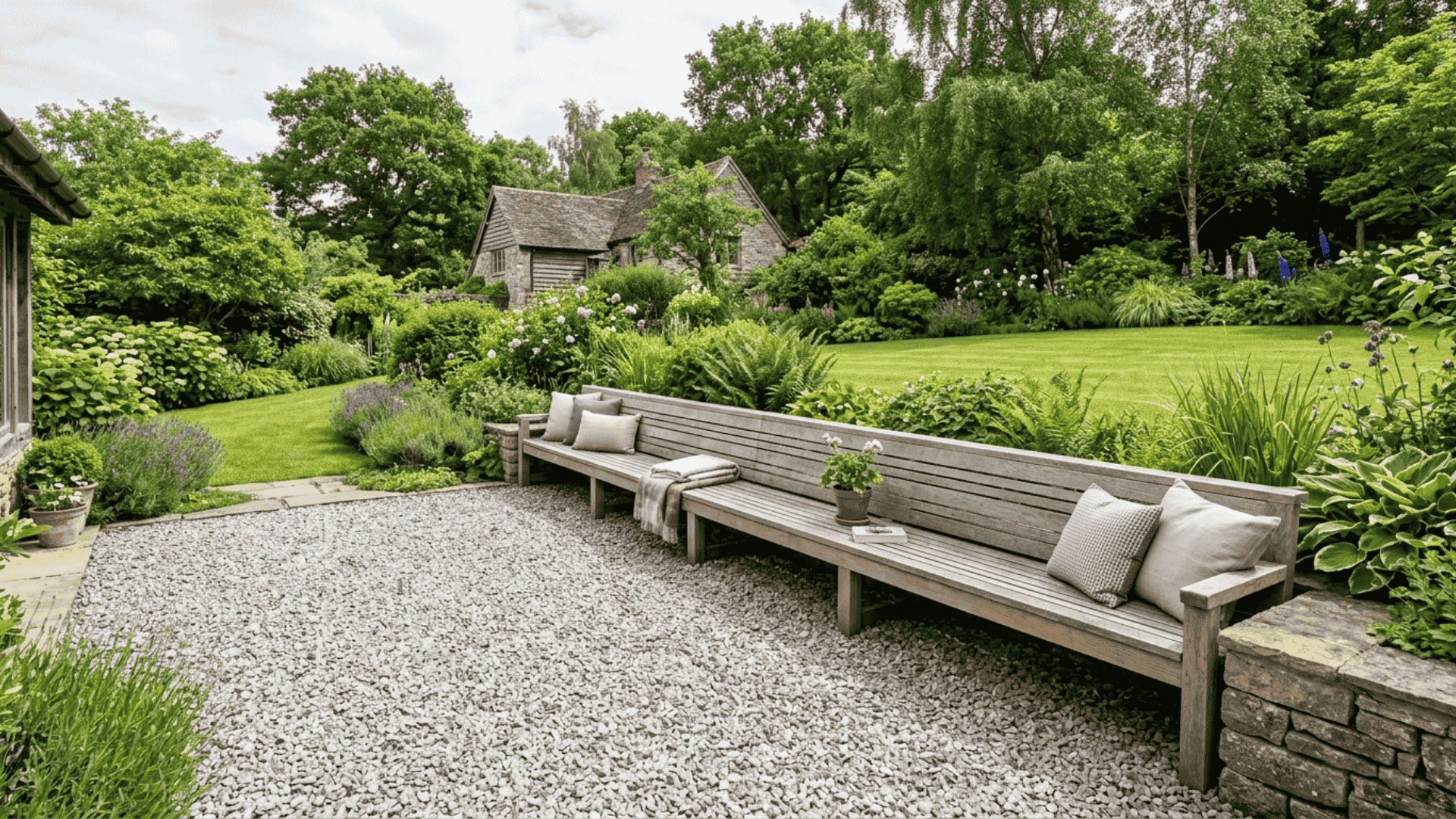 built in bench seating on gravel base with timber bench along patio edge and crushed gravel filling the surface