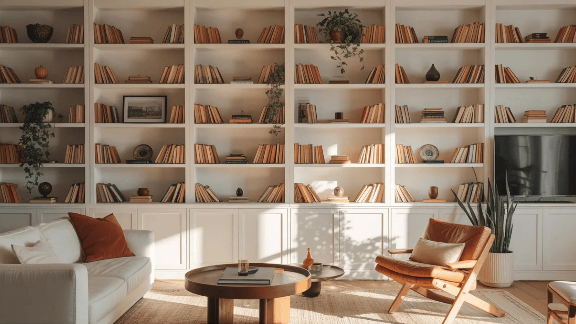 built-in bookshelf wall with neatly arranged books, neutral furniture, and warm sunlight, creating a cozy and functional living space