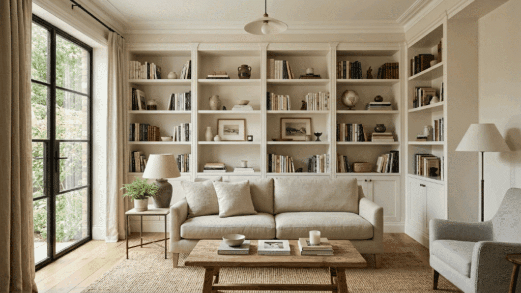 built in bookshelves styled with minimal decor create storage while keeping the room airy organized and visually balanced