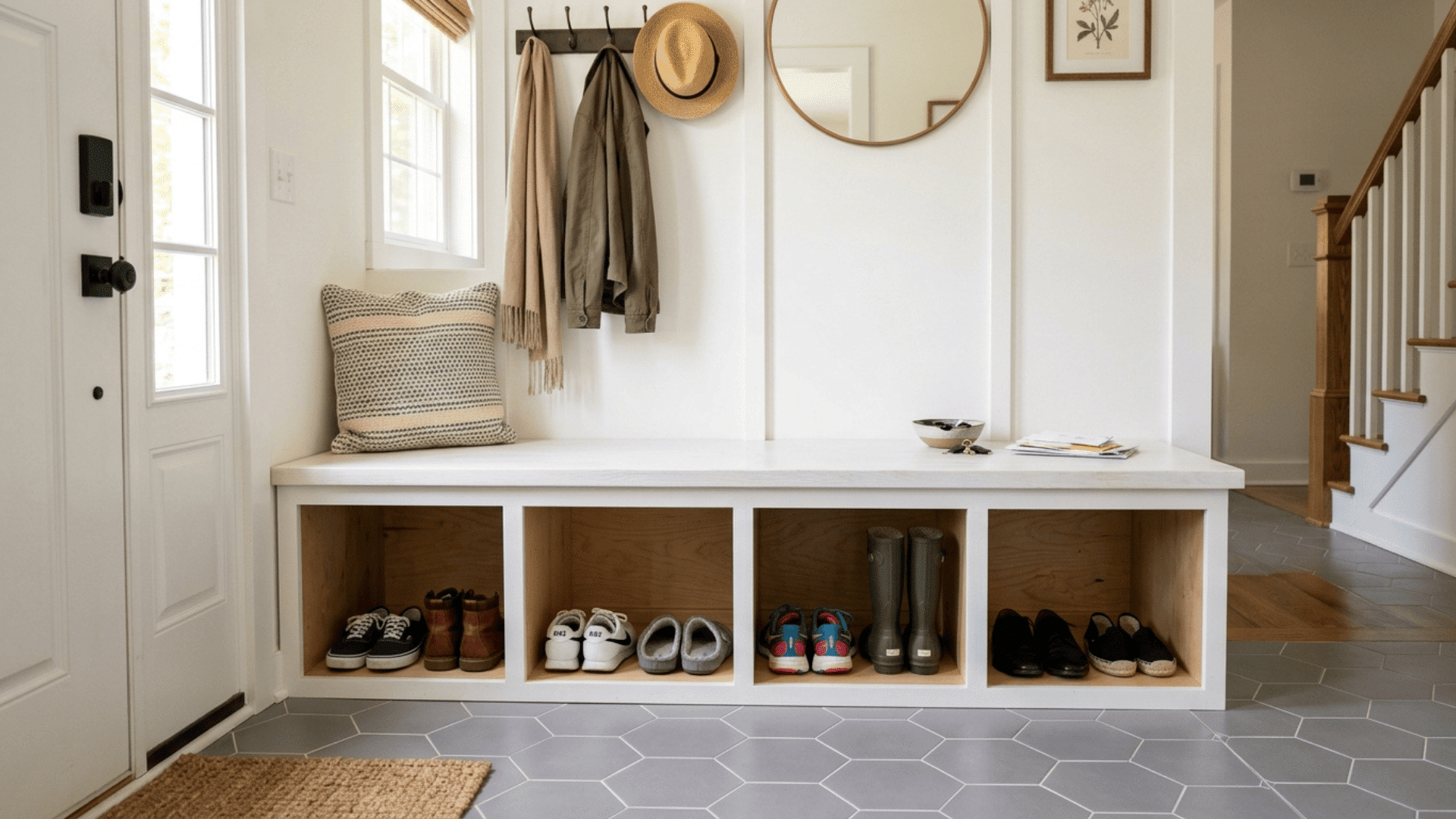 built-in mudroom bench with shoe cubbies underneath holding neatly arranged pairs of shoes against a white entryway wall