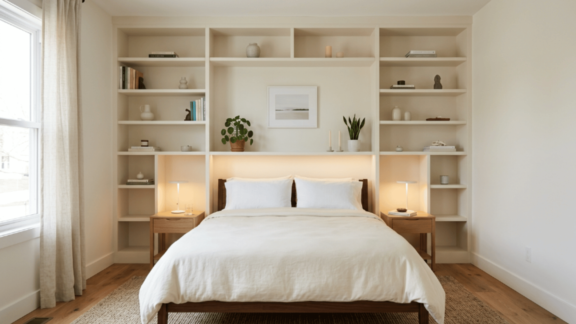built-in shelves behind bed combining storage and display in a clean wall design